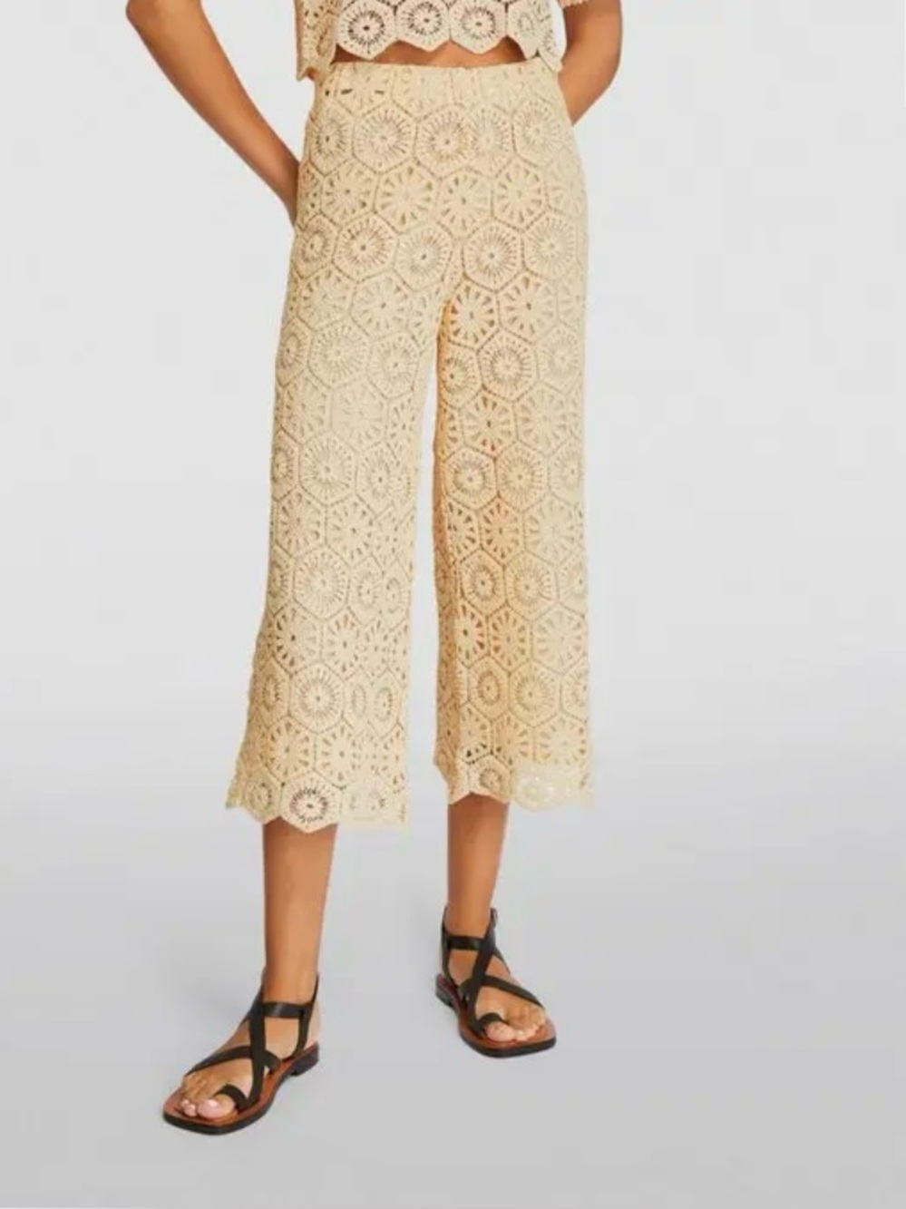 Max & Co Crochet Cropped Macramé Wide-Leg Pants in Cream